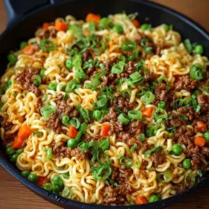 Skillet filled with ground beef, ramen noodles, and vegetables in a savory sauce