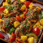 Colorful Hawaiian Chicken Sheet Pan with pineapple, peppers, and chicken breast on a baking tray
