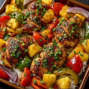 Colorful Hawaiian Chicken Sheet Pan with pineapple, peppers, and chicken breast on a baking tray