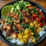 Colorful street corn chicken rice bowl topped with avocado and cilantro