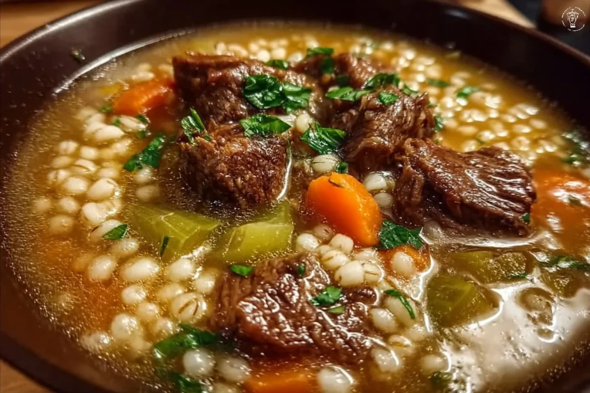 A bowl of hearty beef and barley soup with fresh vegetables and herbs.