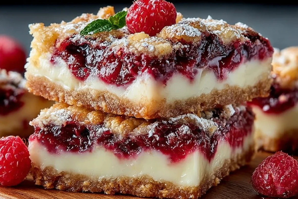 Deliciously creamy raspberry cheesecake bars topped with fresh raspberries