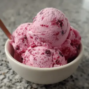 Homemade mulberry ice cream topped with rosewater in a vibrant bowl