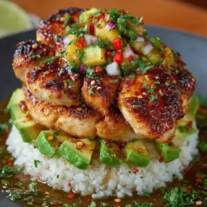 Honey lime chicken stacked over avocado and rice in a bowl