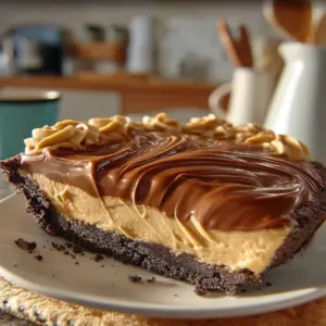 A slice of Indulgent Chocolate Peanut Butter Pie with chocolate ganache and whipped cream