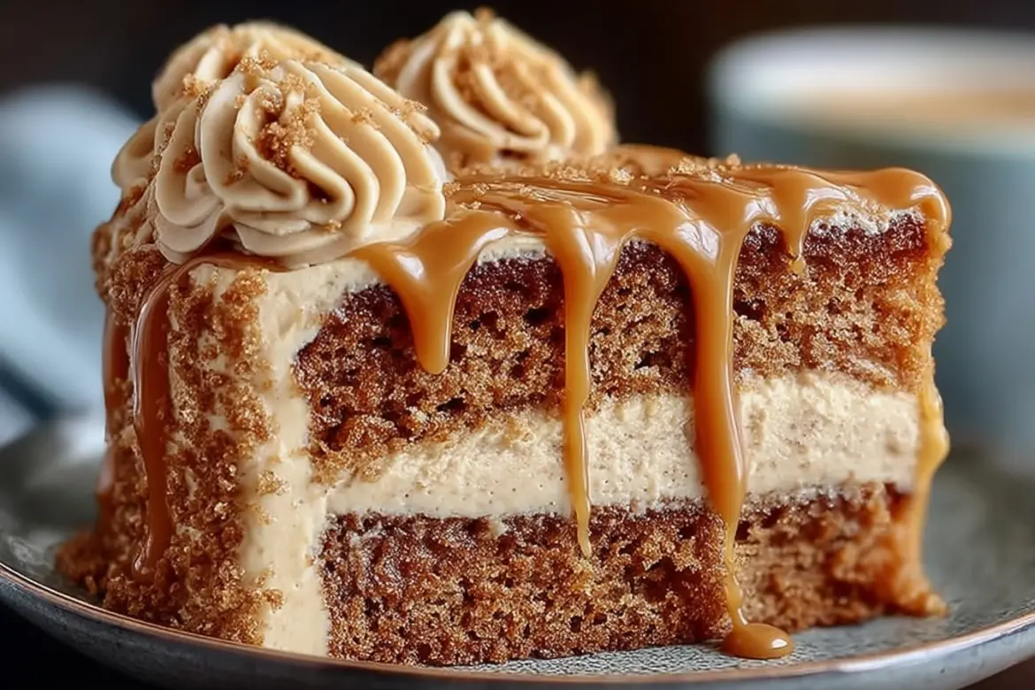 Irresistible Caramel Coffee Buttercream Cake topped with creamy caramel frosting