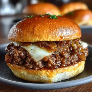 French Onion Beef Sloppy Joe on toasted bun with melted cheese