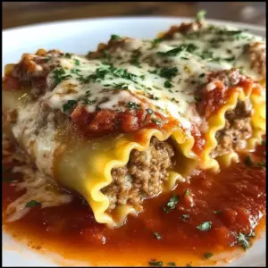 Baked Italian meatball lasagna roll-ups in a casserole dish with cheese and basil