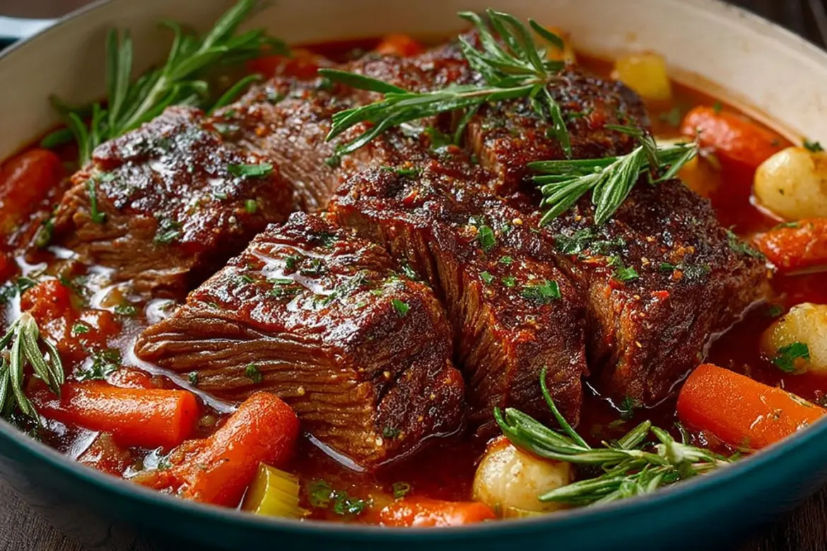 Delicious Italian Pot Roast served with fresh herbs and vegetables