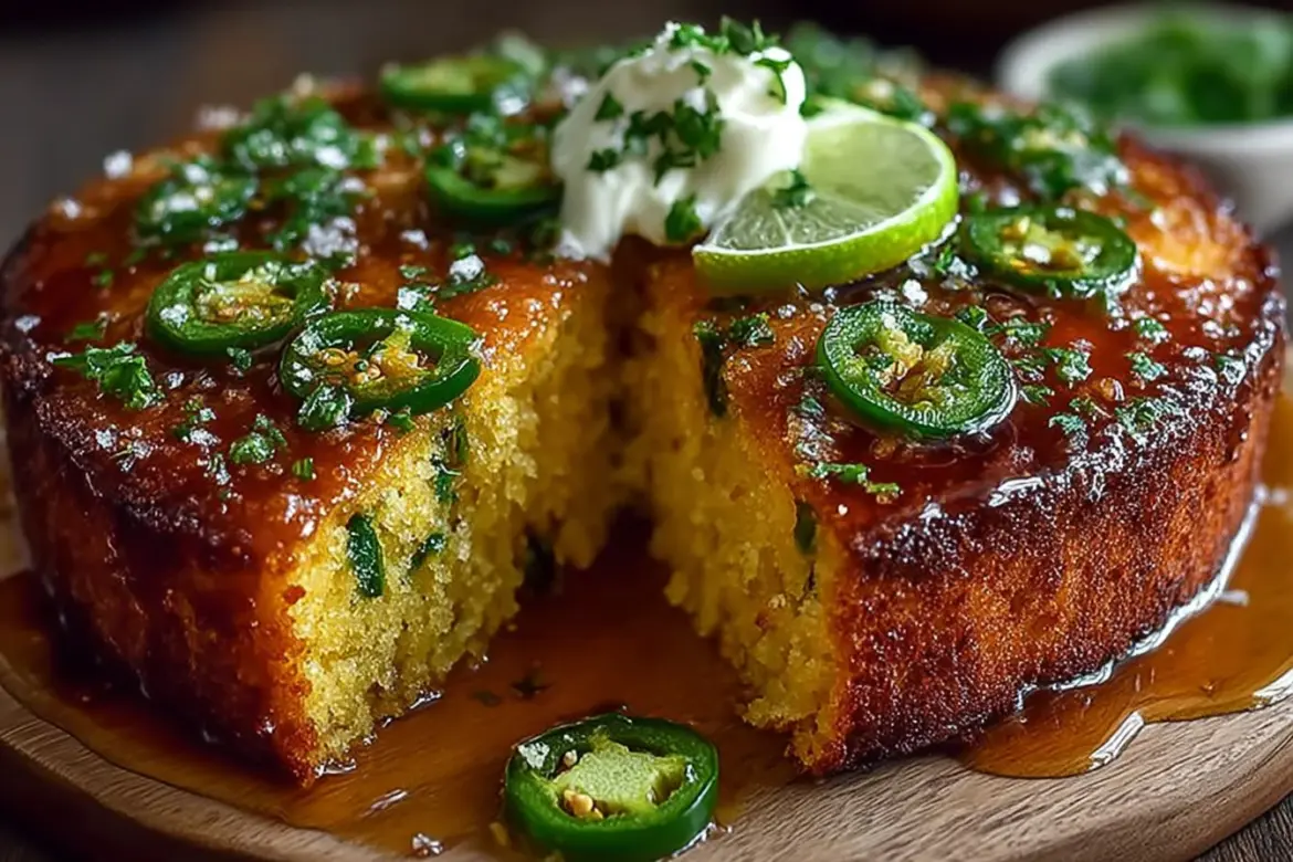 Jalapeño Cornbread topped with Lime Honey Glaze served on a rustic wooden table.