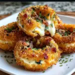 Close-up of golden-brown Jalapeño Popper Stuffed Onion Rings with melted cheese and bacon filling
