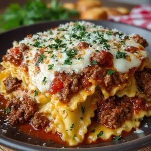 A serving of cheesy CrockPot ravioli lasagna in a bowl, with layers of pasta, meat, and sauce
