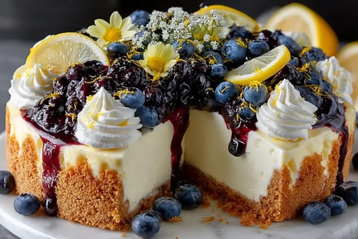 Slice of lemon blueberry cheesecake topped with fresh blueberries and lemon zest