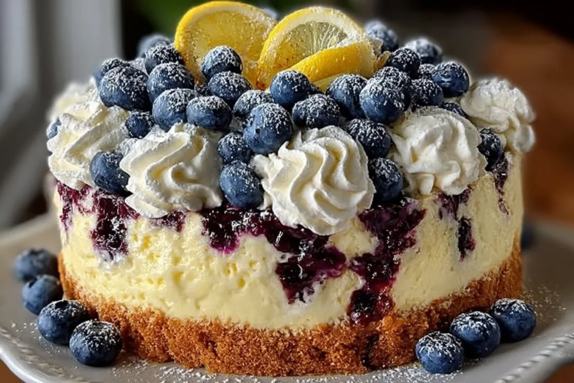 Lemon blueberry cheesecake cake with creamy layers and fresh blueberries