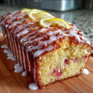 Sliced lemon rhubarb loaf with glaze drizzled on top