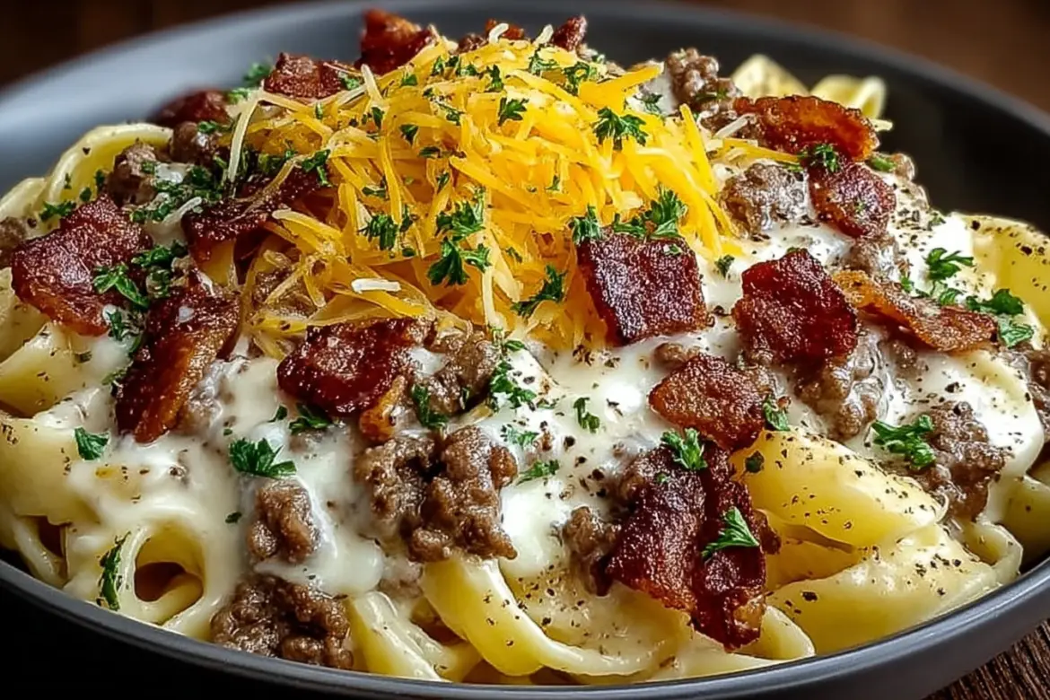 Creamy Loaded Bacon Cheeseburger Alfredo Pasta in a bowl