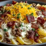 Creamy Loaded Bacon Cheeseburger Alfredo Pasta in a bowl