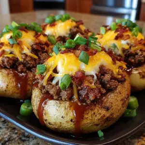 BBQ Bacon Cheeseburger Potato Volcano with cheese and toppings