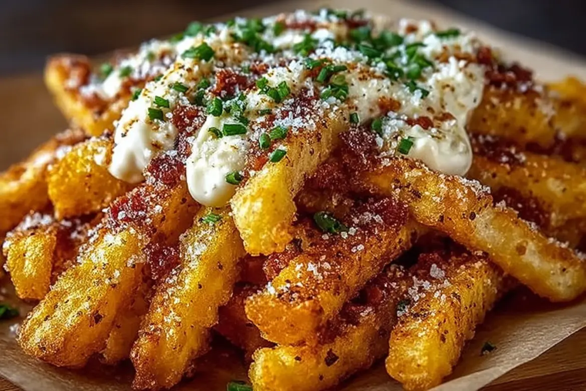 Delicious bowl of Louisiana Voodoo Fries topped with spicy seasonings and sauces.
