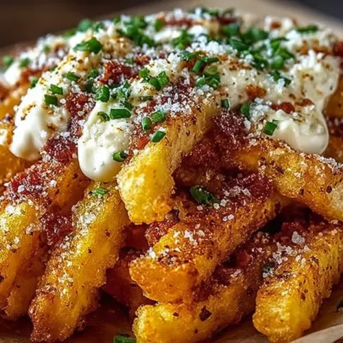 Delicious bowl of Louisiana Voodoo Fries topped with spicy seasonings and sauces.