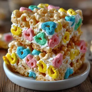 A tray of Lucky Charms Marshmallow Treats cut into squares with colorful marshmallows visible