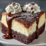 Slice of Magic Chocolate Ricotta Cake dusted with powdered sugar on a white plate