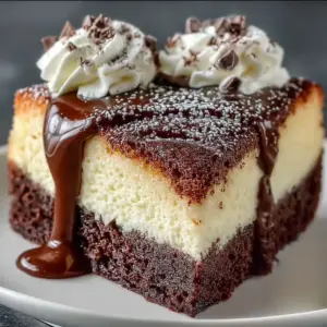 Slice of Magic Chocolate Ricotta Cake dusted with powdered sugar on a white plate