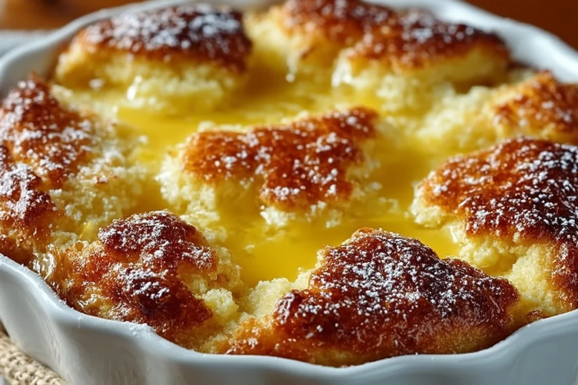 Delicious serving of magic lemon cobbler dessert topped with citrus slices