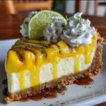 A slice of Mango Key Lime Cheesecake garnished with fresh mango cubes and lime zest