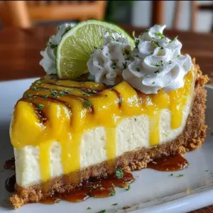 A slice of Mango Key Lime Cheesecake garnished with fresh mango cubes and lime zest