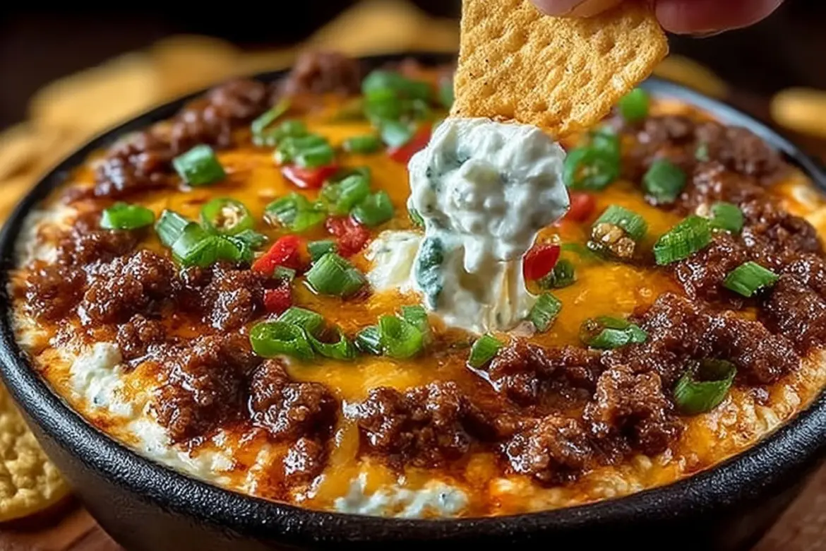 Delicious Meaty Texas Trash Dip served in a bowl with tortilla chips