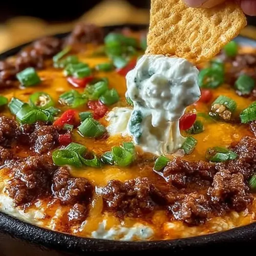 Delicious Meaty Texas Trash Dip served in a bowl with tortilla chips