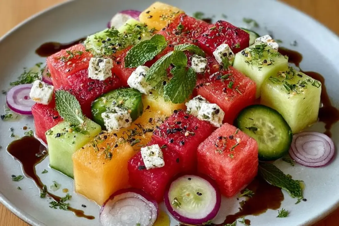 Melon and Feta Tetris Salad with vibrant colors and fresh ingredients