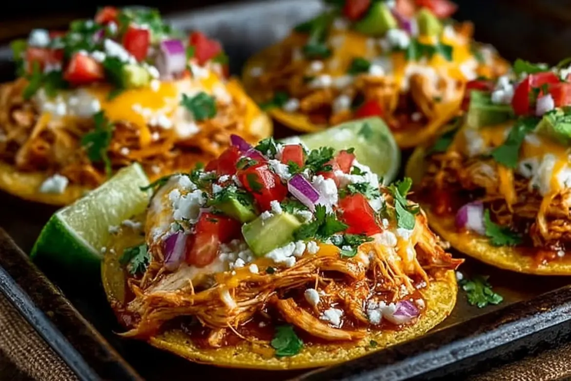 Mini Chicken Sheet Pan Tostadas topped with fresh ingredients
