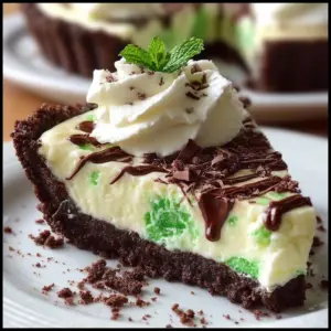 Slice of mint chocolate cheesecake pie topped with chocolate curls and mint leaves