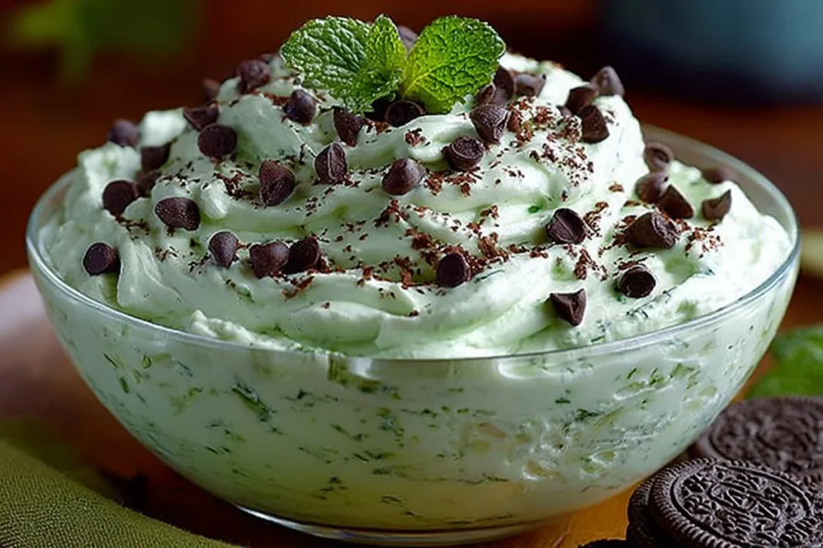Creamy Mint Chocolate Chip Cheesecake Dip in a serving bowl with a mint garnish.