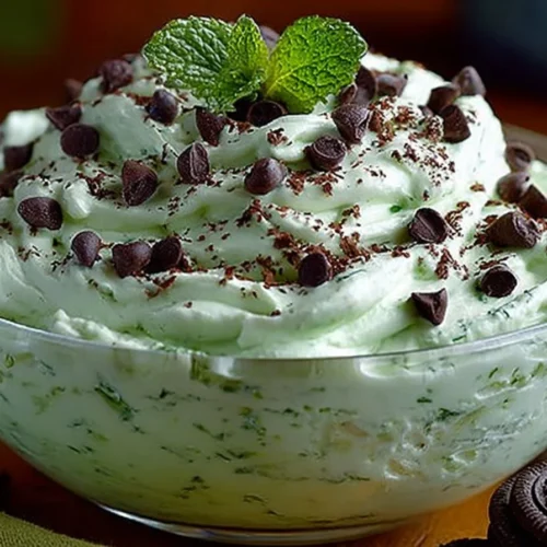 Creamy Mint Chocolate Chip Cheesecake Dip in a serving bowl with a mint garnish.
