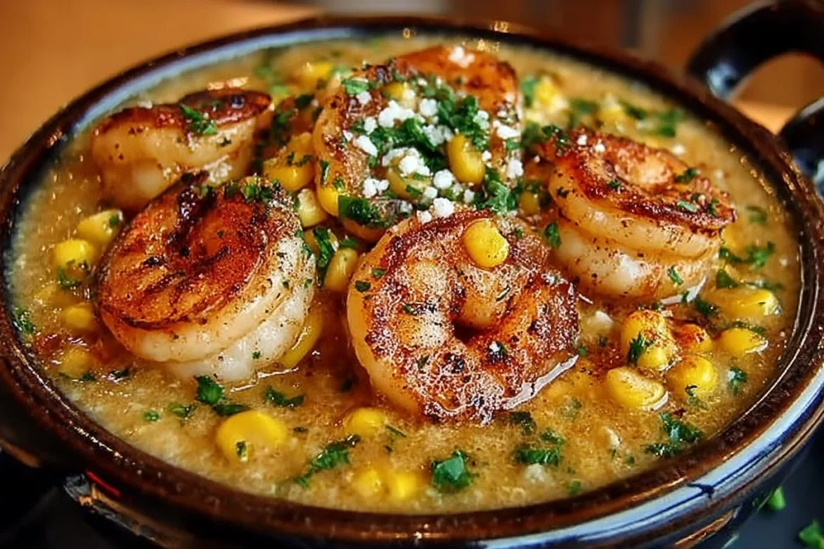 Delicious New Orleans shrimp and corn bisque in a bowl garnished with herbs.