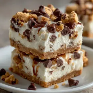 Creamy No-Bake Cookie Dough Cheesecake Bars with chocolate chips on top, sliced and ready to serve
