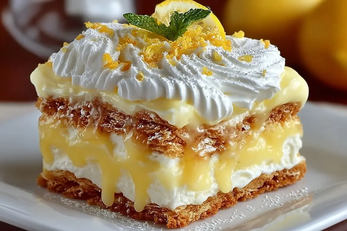 Slice of no-bake lemon eclair cake on a plate with lemon slices and cream