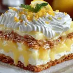 Slice of no-bake lemon eclair cake on a plate with lemon slices and cream