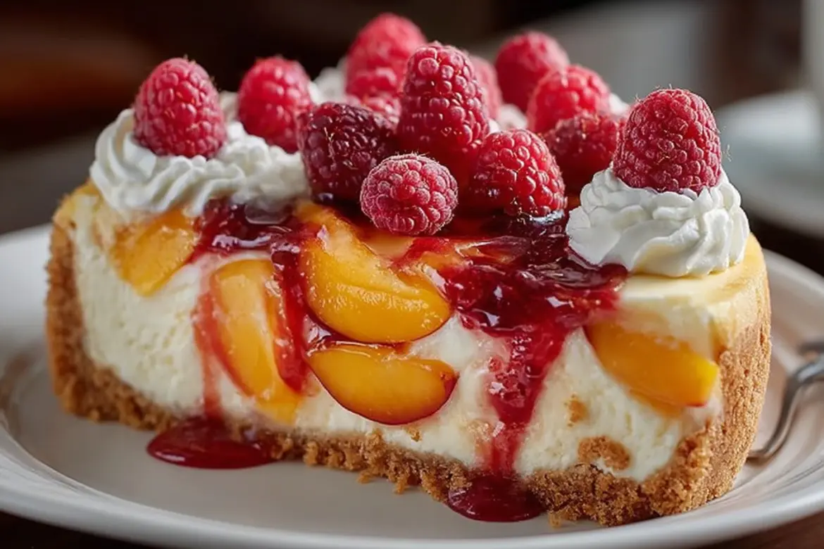 Delicious No-Bake Peach Raspberry Cheesecake served on a plate
