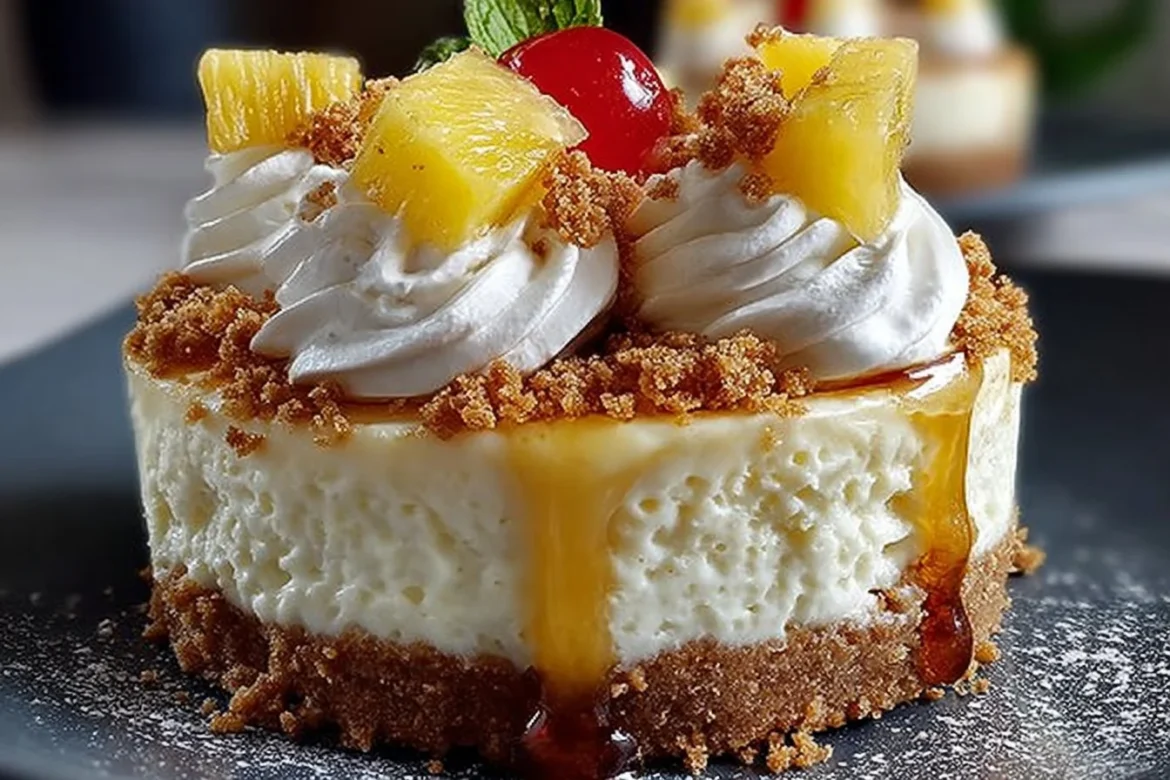 No-bake pineapple cheesecake dessert topped with fresh pineapple slices