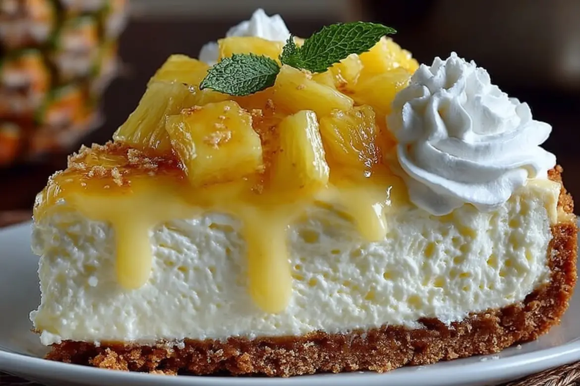 No bake pineapple mousse cheesecake topped with fresh pineapples and whipped cream