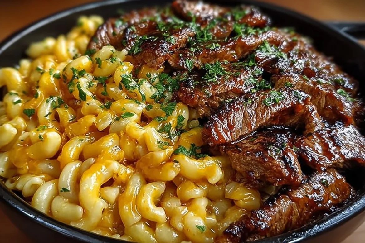 A bowl of one-pot smoky honey BBQ steak pasta with melted cheddar and fresh parsley