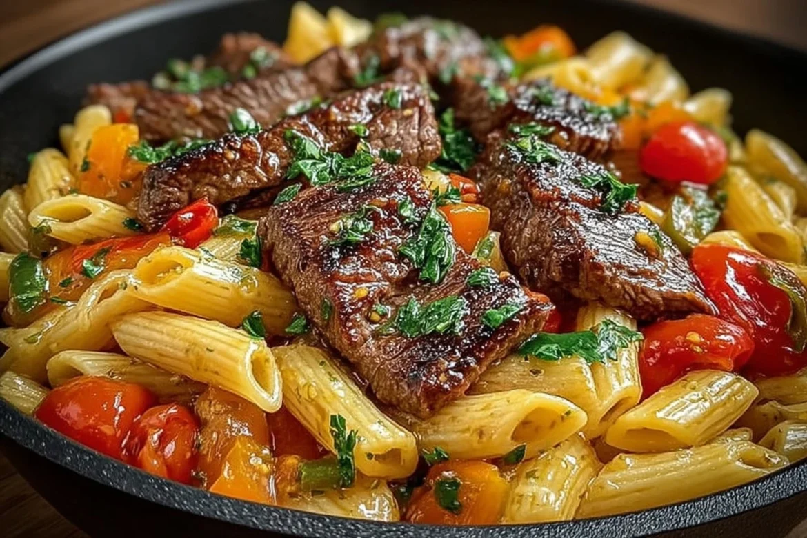 Delicious one-pot zesty steak pasta dish with vibrant garnishes.