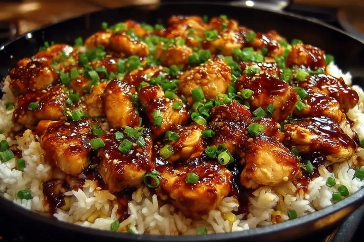 One-Skillet Honey BBQ Chicken and Rice dish plated with fresh herbs