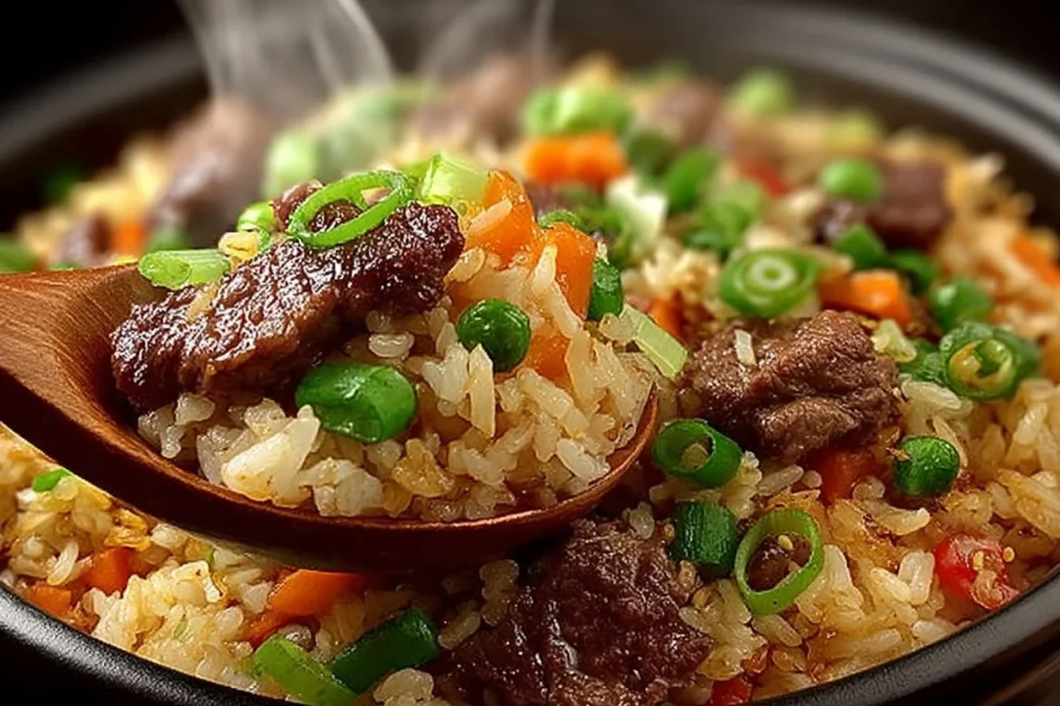 A plate of onion beef fried rice, garnished and ready to serve.