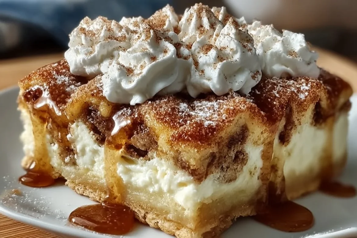 Delicious ooey-gooey cinnamon roll cheesecake bars on a plate