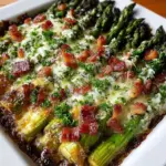 Oven-roasted asparagus spears topped with melted Asiago cheese, crispy bacon, and minced garlic